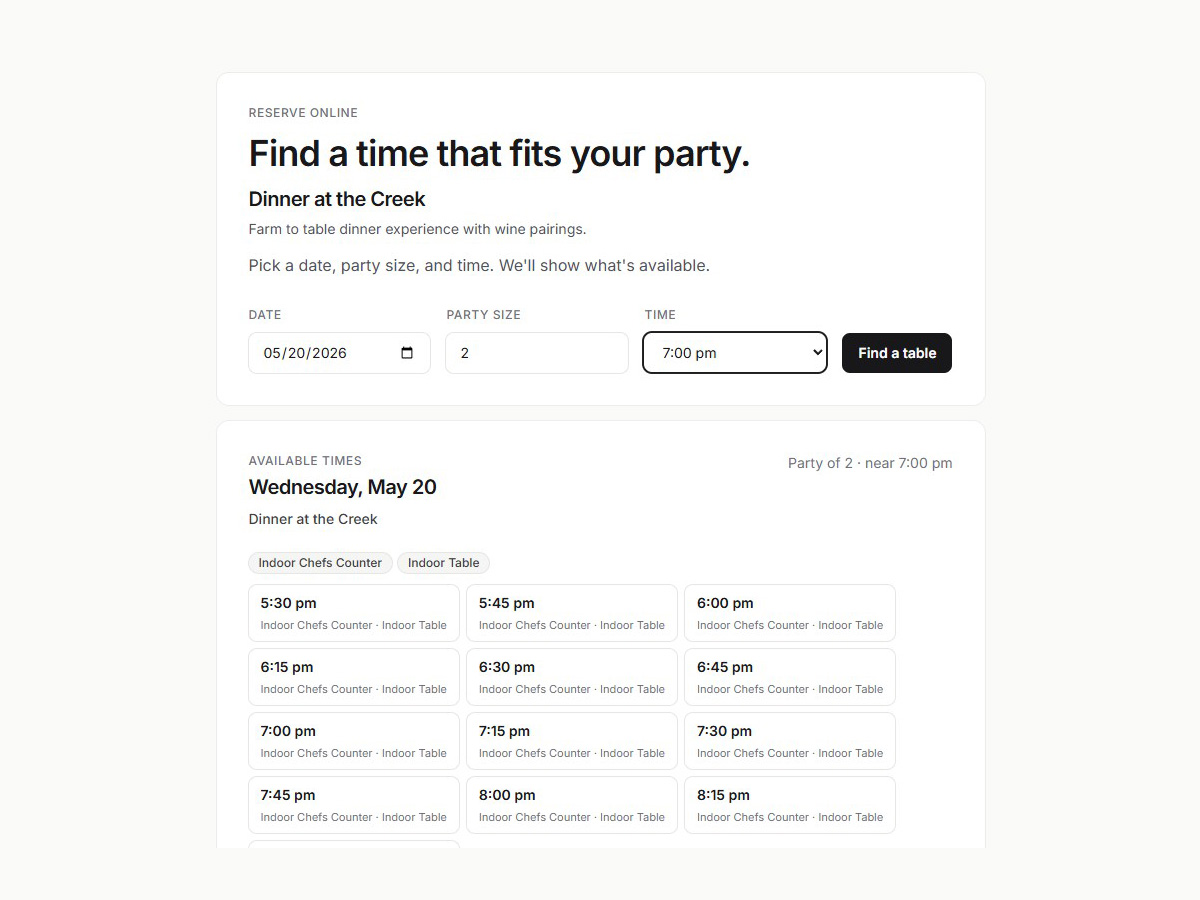 CoverCount embedded booking widget with calendar, time slots, and party-size picker