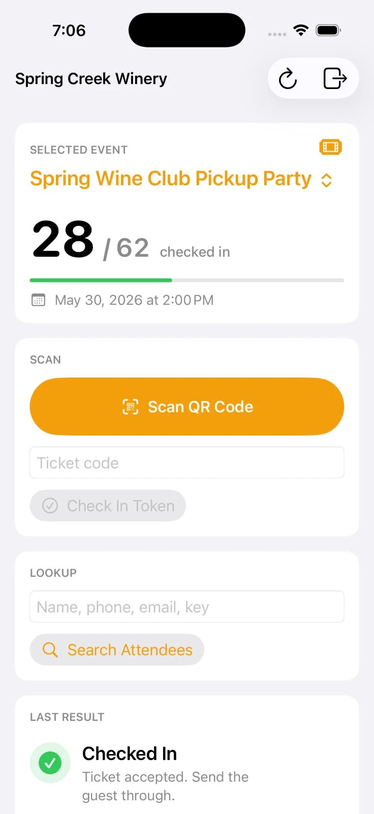 iPhone event check-in app with a selected guest ready to check in
