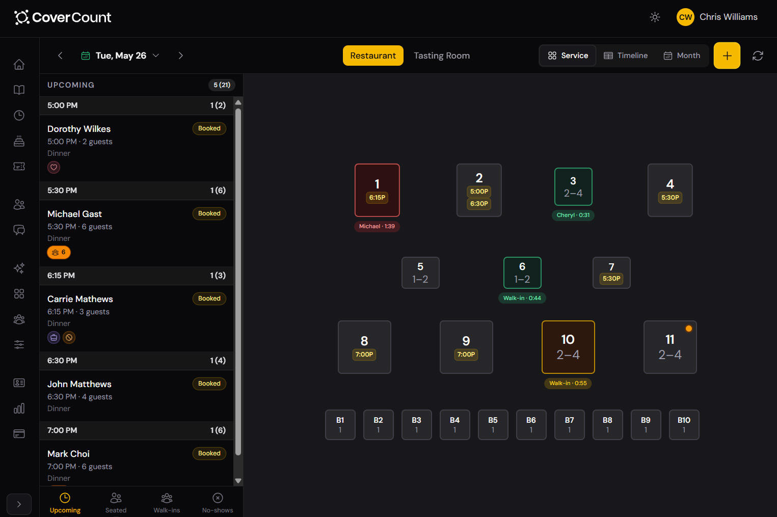 CoverCount live floor view with room tabs, table statuses, and a reservation detail panel