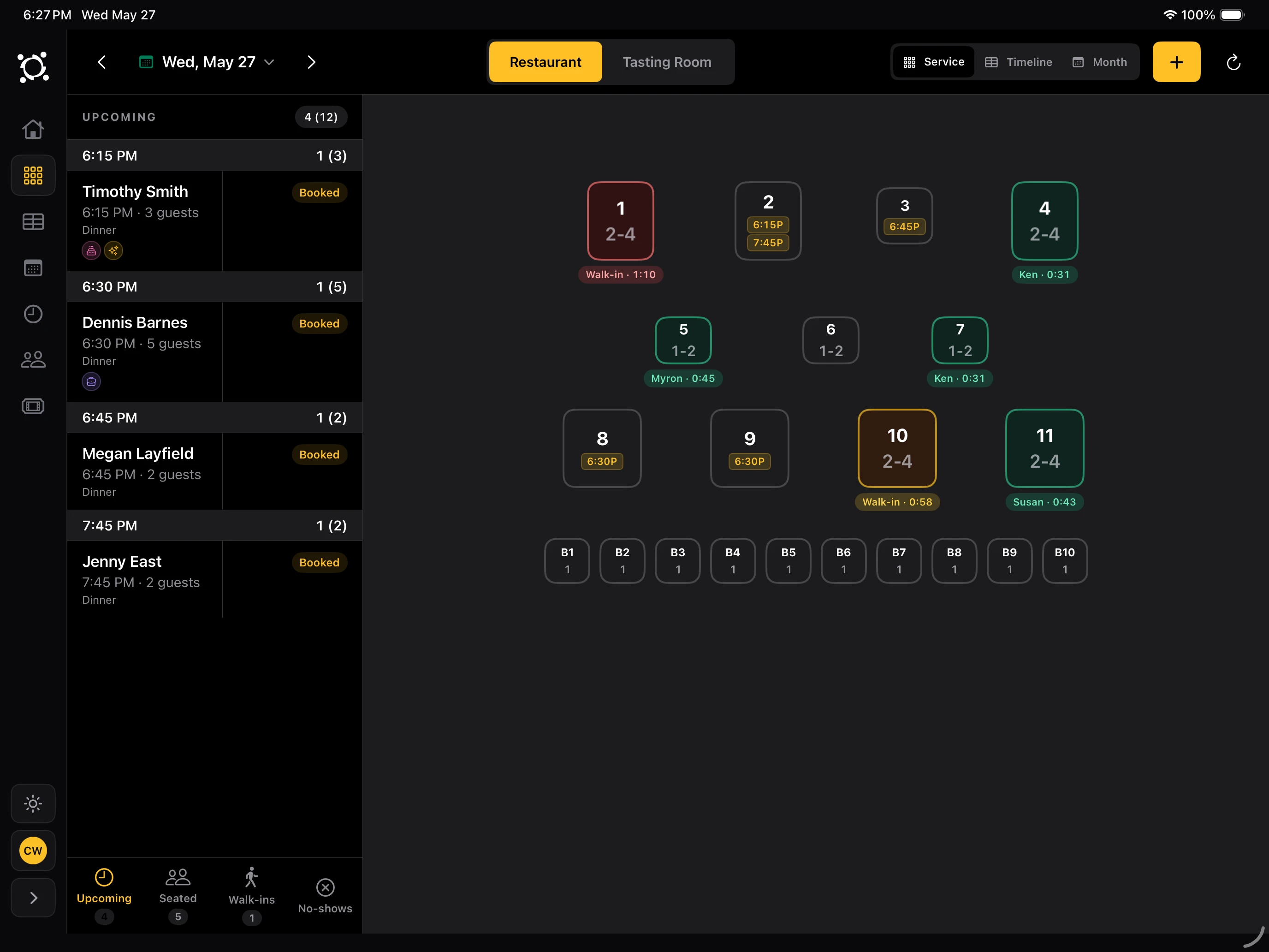 iPad host-stand app showing the live floor view during service