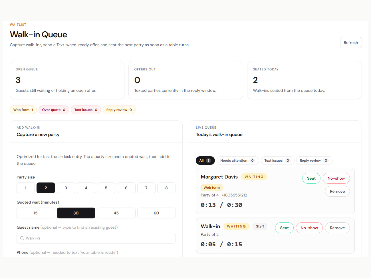 CoverCount host-stand waitlist showing waiting parties and notification status